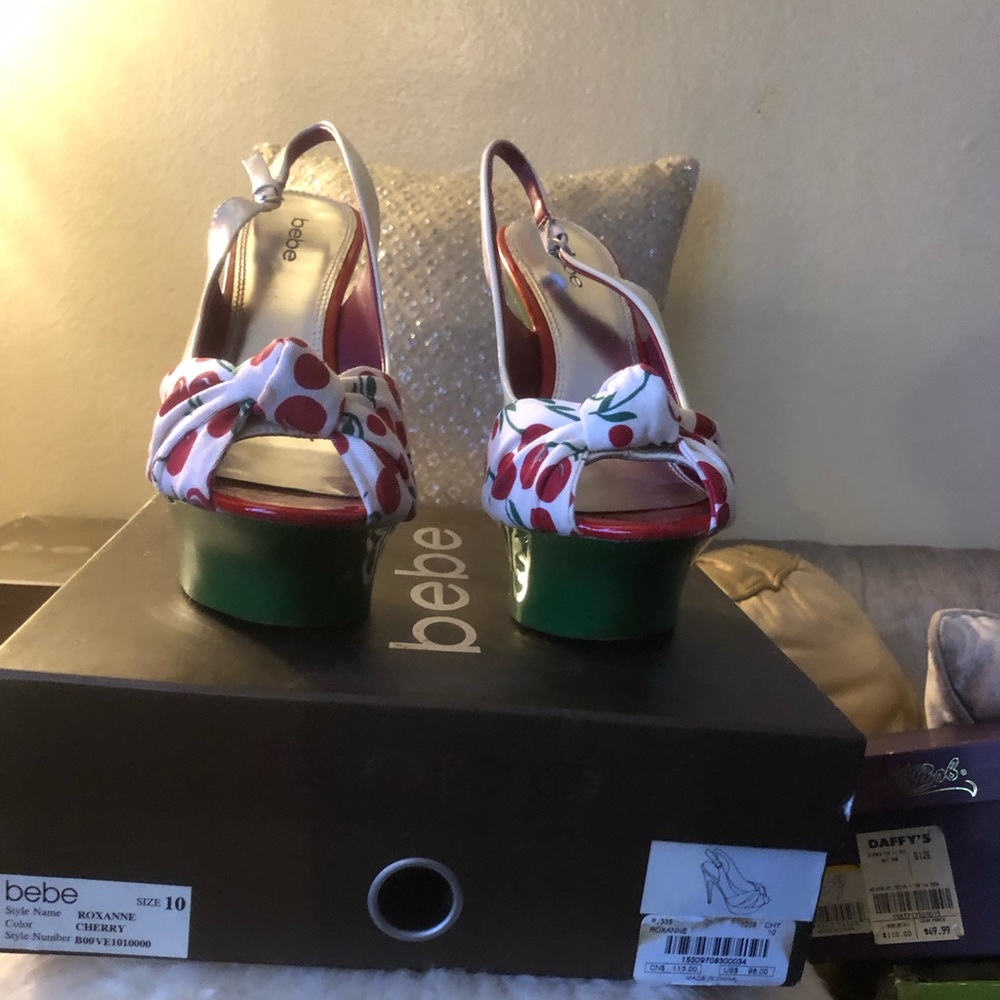 Bebe platform slingback cherry print heels